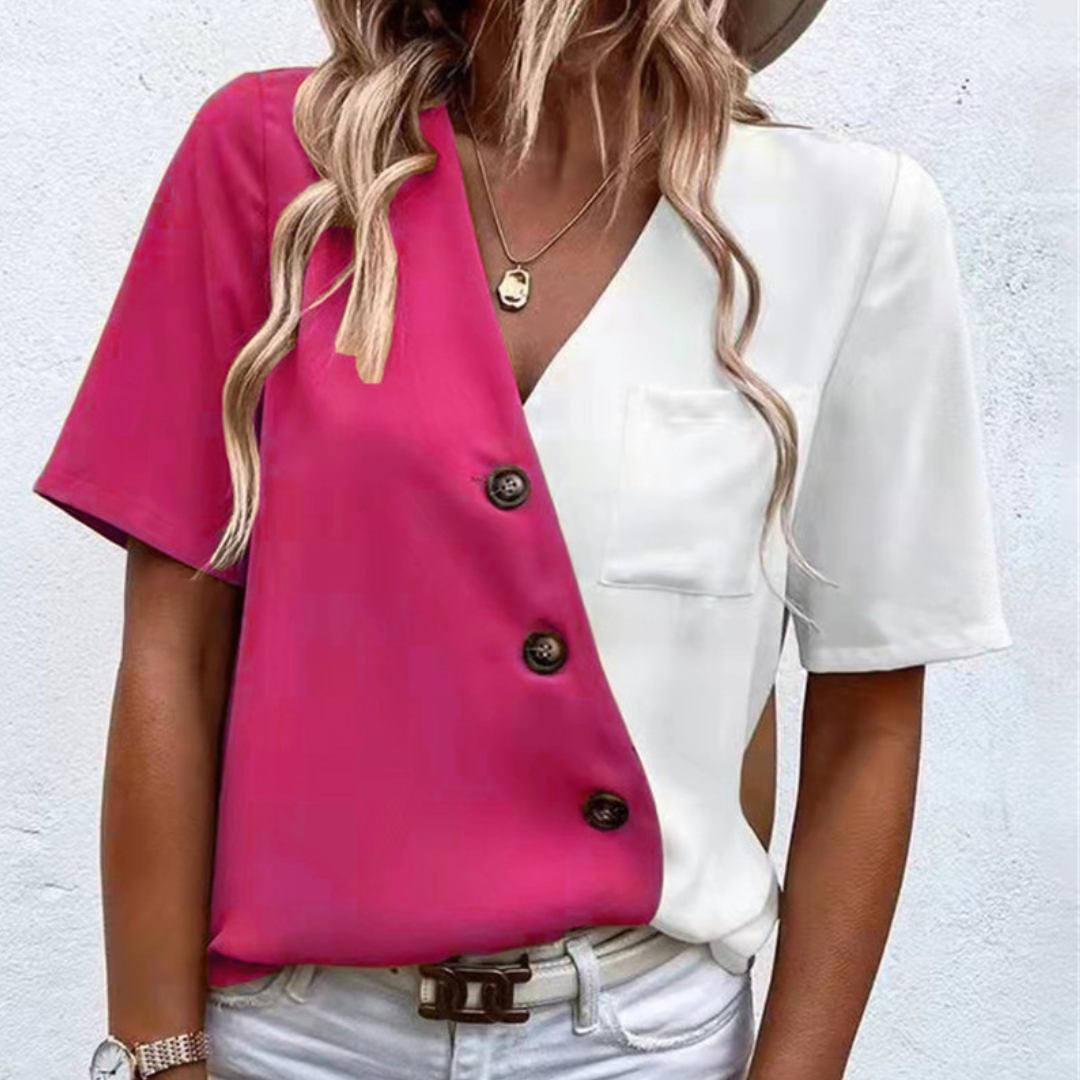 Lara - Livlig Color Block Bluse med Stilet V-Hals og Knapdetaljer