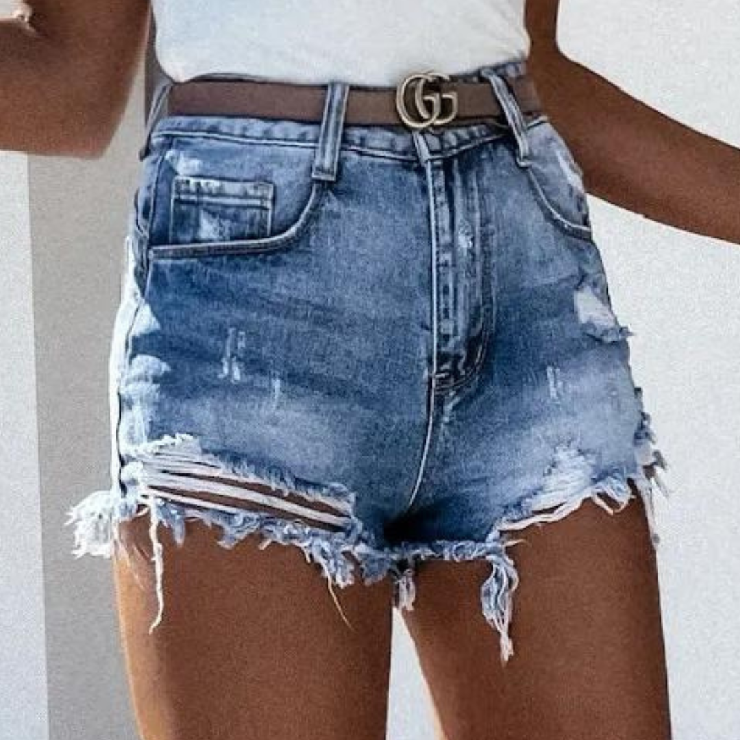 Denis - Høj Talje Rivet Denim Shorts med Frynser